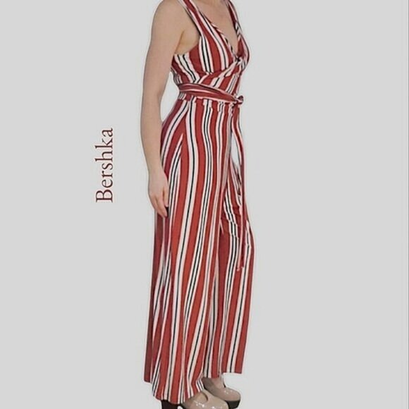 BERSHKA Europe Striped V neck Tie Waist Wide Leg Jumpsuit - Picture 2 of 16